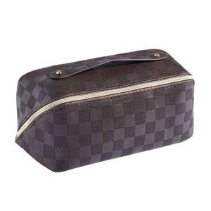 Classic Brown Checkered Cosmetic Case with Top Handle